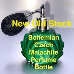 1930’s Bohemian Czech Malachite Art Deco Glass Perfume Bottle &Original Atomizer